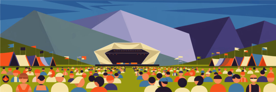 Colorful summer music festival crowd in front of outdoor stage and tents with mountains in flat geometric vector illustration