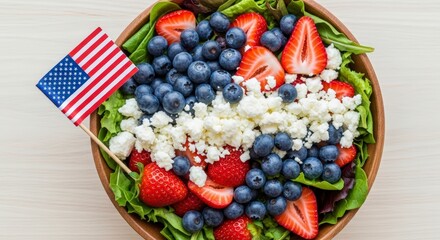Fresh Berry and Feta Salad with American Flag Decoration.