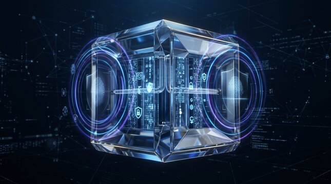 Massive transparent crystal vault floating in a dark digital environment containing organized streams of encrypted information, glowing security layers, biometric shields and privacy symbols represent
