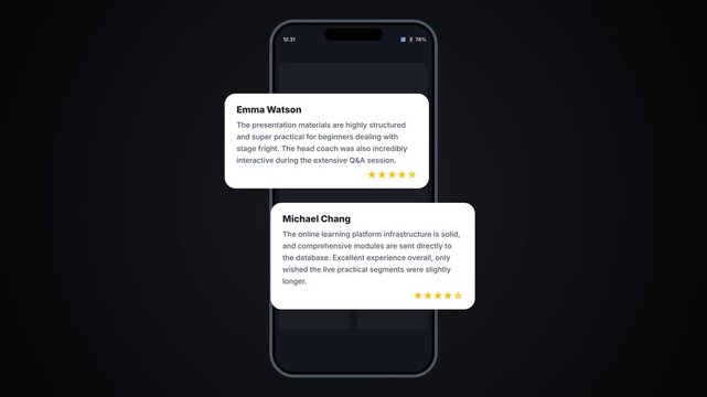Mobile phone mock up screen with positive customer evaluation text bubble layout animation on dark background for course coaching feedback interface template 4K