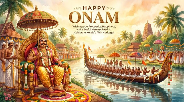 Onam celebration with Mahabali procession river pageantry cultural heritage illustration for festive greeting tourism and promotion