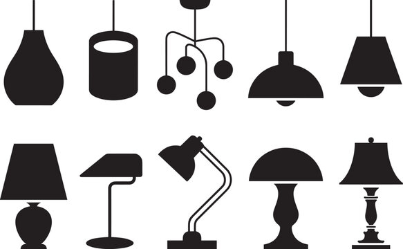 Modern lamp and lighting fixture silhouette collection with pendant table desk and ceiling light icons