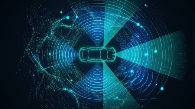Autonomous Driving Technology: A futuristic illustration depicts a self-driving car surrounded by a digital interface, showcasing radar and lidar sensors scanning the environment for safe navigation.
