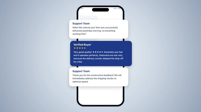 E-commerce Delivery Status Support Ticket and Customer Assembly Review UI Stack Animation 4K