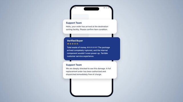 Mobile App Customer Support Ticket and Negative Buyer Review Stack UI Interface Animation 4K
