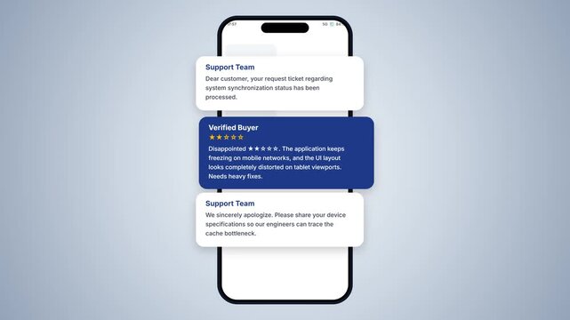 Smartphone UI Screen Layout Displaying App Error Ticket and Customer Review Card Animation 4K