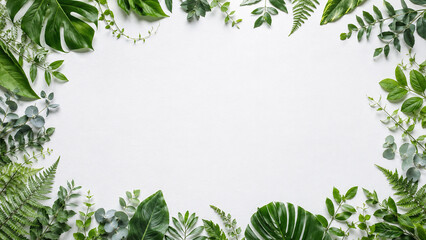 Fototapeta premium World Environment Day Green Leaf Border Frame Background with Tropical Leaves, Ferns, Eucalyptus and Large Copy Space for Sustainability Campaign, ESG Report and Eco Design Template Photo