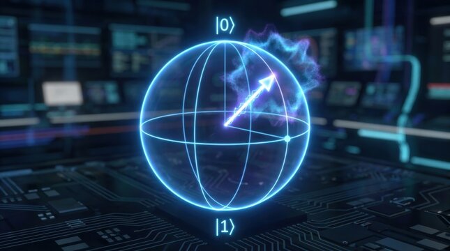 Quantum Computing Visualization: A luminous sphere representing a qubit state in quantum computing, set against a backdrop of futuristic circuits and data displays.