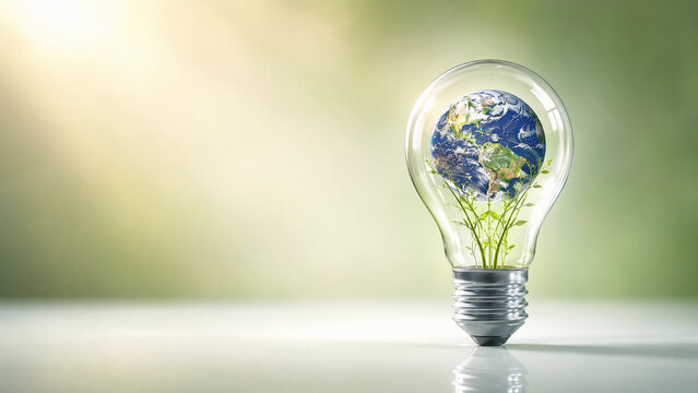 World Environment Day (WED) Sustainable Innovation Concept Photo Featuring Earth Globe Inside Crystal Clear Glass Light Bulb with Green Plant Growth, Renewable Energy, Climate Action and Environmental