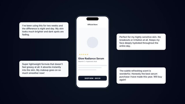 Mobile app screen mockup for skincare product checkout page featuring cosmetic serum with floating user testimonial text boxes on a dark background