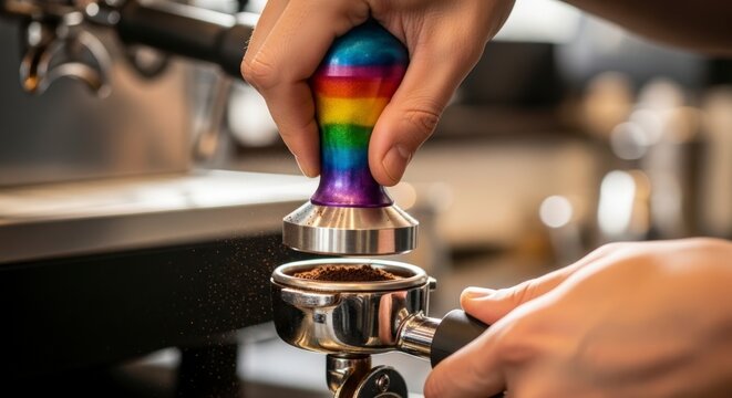 Barista Tamping Fresh Coffee Grounds with Rainbow Tamper.