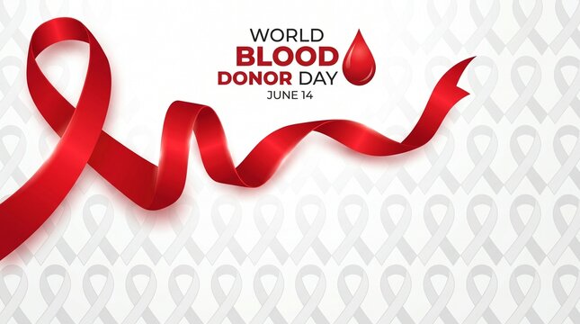 World blood donor day banner with red awareness ribbon and blood drop illustration for june 14 medical awareness event