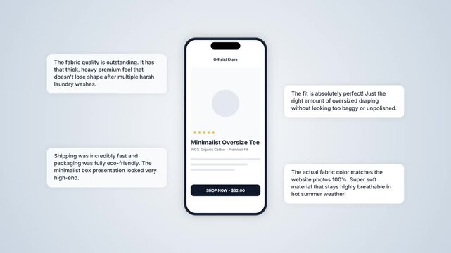 Smartphone interface displaying an online clothing store checkout page with multiple floating customer product review text bubbles on a light background