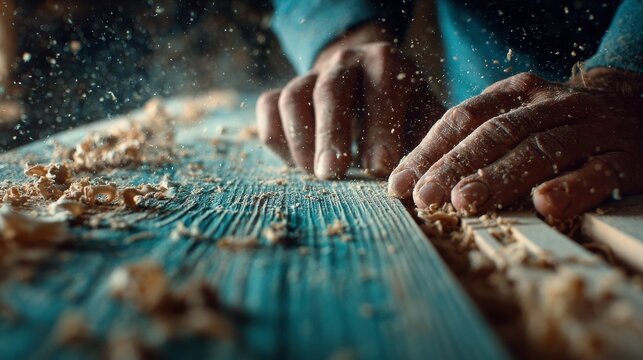 Close-up of a white man&rsquo;s hands using a planer on a white oak surface, showcasing craftsmanship, woodworking precision, cinematic lighting, hyper-detailed textures, UHD, and realistic color grading