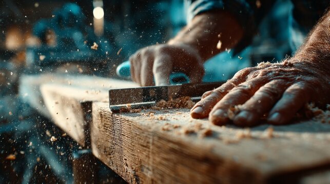 Close-up of a white man&rsquo;s hands using a planer on a white oak surface, showcasing craftsmanship, woodworking precision, cinematic lighting, hyper-detailed textures, UHD, and realistic color grading