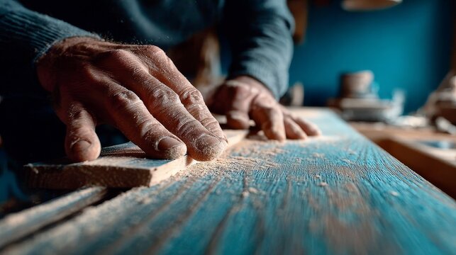 Close-up of a white man&rsquo;s hands using a planer on a white oak surface, showcasing craftsmanship, woodworking precision, cinematic lighting, hyper-detailed textures, UHD, and realistic color grading