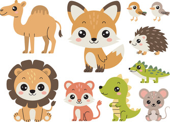 Fototapeta premium Cute woodland animals collection with fox lion camel crocodile hedgehog mouse and cartoon wildlife characters