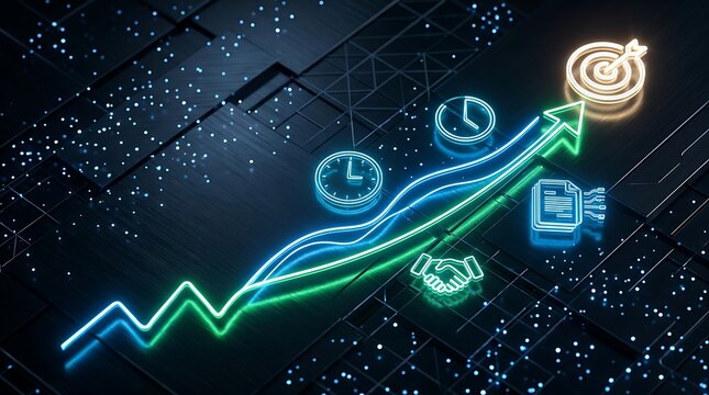 Glowing neon line chart rising towards target symbolizing financial success and fast business growth