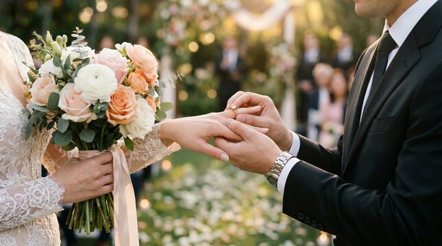 Groom putting a wedding ring on bride finger during ceremony holding a beautiful flower bouquet