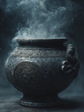 Hyper-realistic dark fantasy scene with a large ancient cauldron engraved with mystical symbols, bubbling black smoke, eerie cinematic atmosphere, highly detailed textures