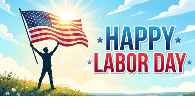Labor day celebration silhouette with american flag and festive typography