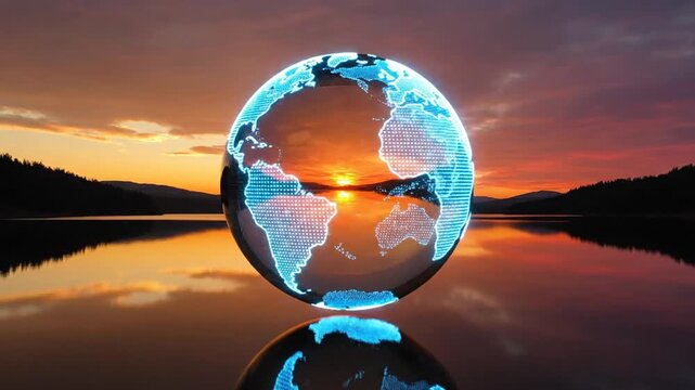 Globe glows with a digital network map against a dramatic sunset reflecting over a calm body of water.