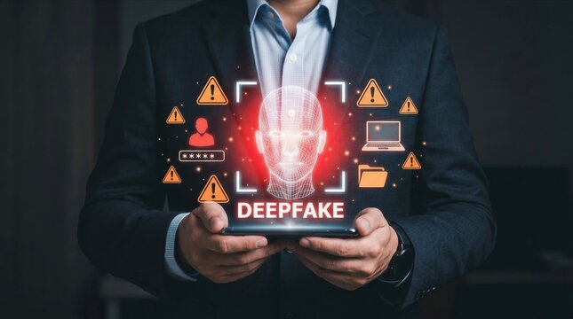 Deepfake AI Technology Concept with Face Recognition and Cyber Security Alert on Digital Screen