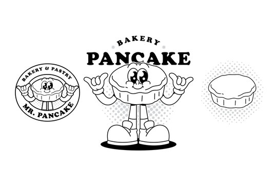Cute pancake bakery retro cartoon character mascot illustration with standing and check hands pose for pastry, bakehouse, cafes merchandise