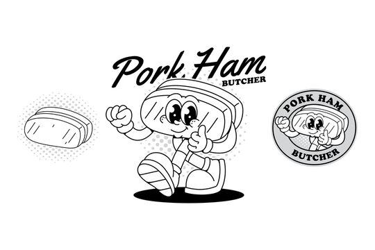Pork ham slice retro cartoon character mascot illustration with walking and thumb up pose for butcher and meat shop merchandise