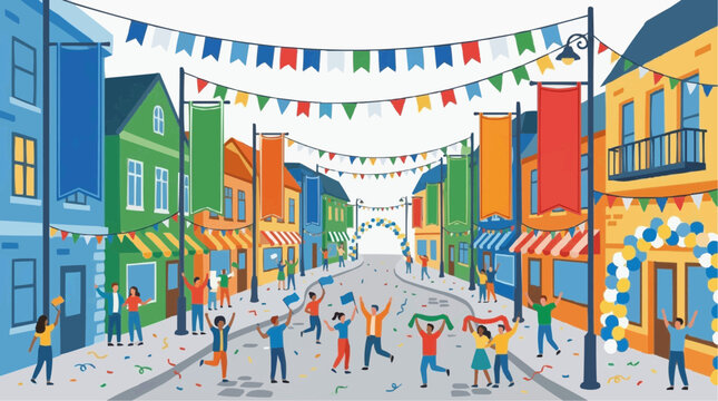 Streets decorated for the World Cup. Flat vector illustration, 2D. White background.