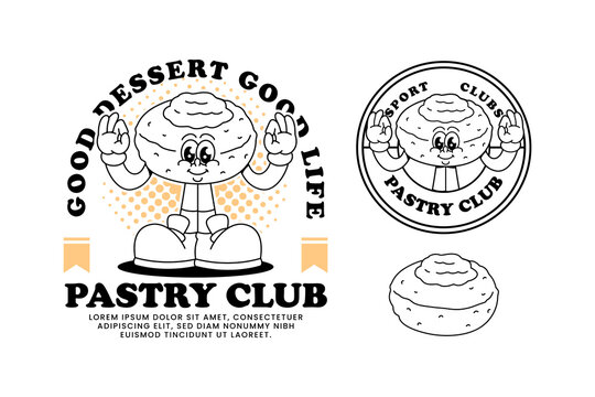 Cinnamon bun dessert retro cartoon character mascot illustration with standing and ok hands pose for cafeteria, bakery, restaurant, pastry and bakehouse merchandise