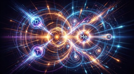 Obraz premium Nuclear Fusion Reaction: An artistic representation of a nuclear fusion reaction, depicting the collision and merging of atomic nuclei to form new elements, releasing immense energy and light.