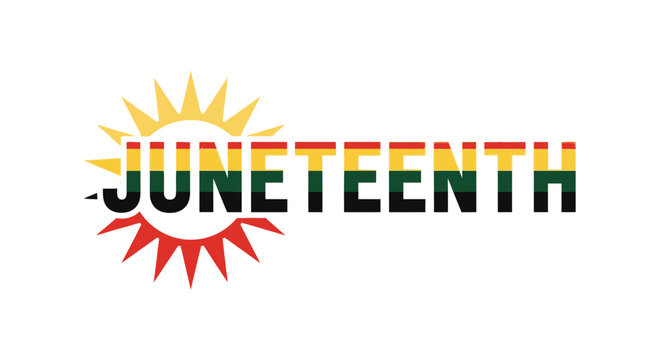 Bold Juneteenth text with vibrant red and yellow sun.