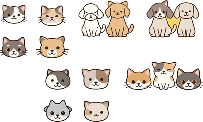 Fototapeta premium Cute cats and dogs collection with adorable pet faces and characters in kawaii cartoon vector style for kids illustration, stickers, and animal mascot design