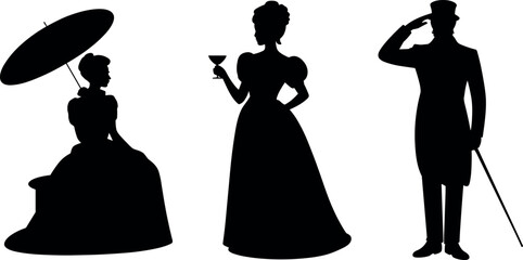 Victorian era silhouette vector of elegant retro people holding parasol glass and wearing classic vintage fashion dress hat for illustration © BIPUL