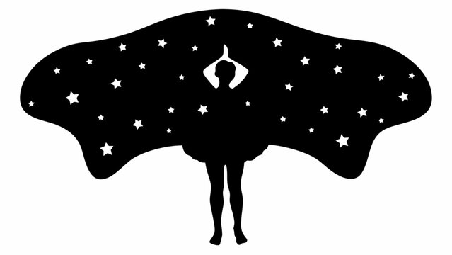 Silhouette of a ballet dancer performing with wings resembling a starry night sky creating a graceful and artistic figure in black and white emphasizing elegance and movement