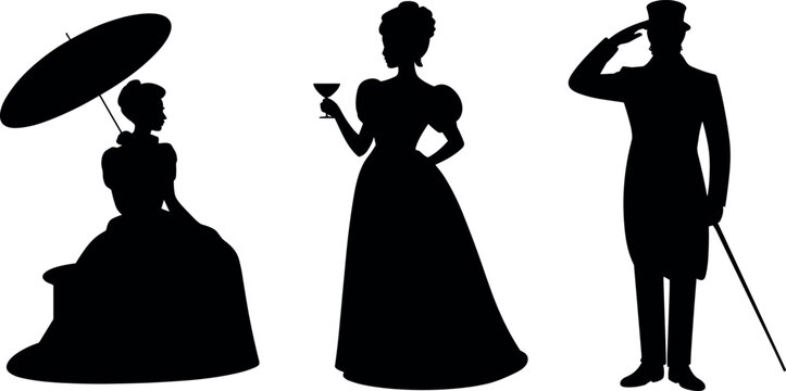 Victorian era silhouette vector of elegant retro people holding parasol glass and wearing classic vintage fashion dress hat for illustration