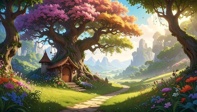Whimsical landscape with a large tree, vibrant flowers, and tiny house nestled at its base