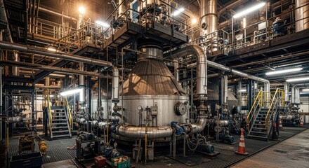 Fototapeta premium Industrial Processing Facility with Complex Piping and Reactor Tank