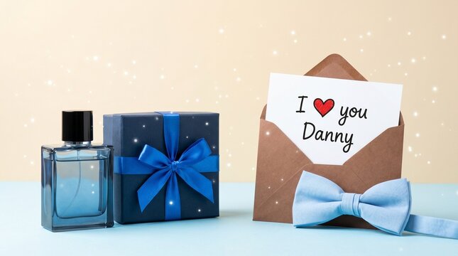 Blue perfume bottle with a gift box and a romantic love letter for danny with a bow tie for a special anniversary gift