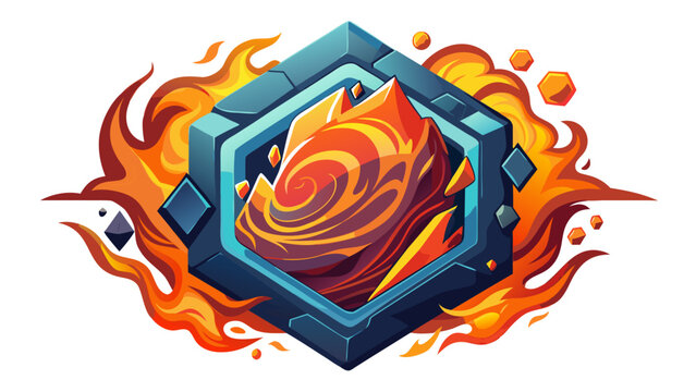 Abstract elemental fire emblem icon with glowing orange flames and geometric hexagonal frame hexagonal elemental abstract illustration decorative mystical isolated background fireball
