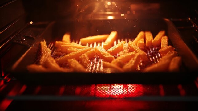 French fries, oven, baking, cooking, potato, crispy, heat, electric, element and food preparation concept with golden fries roasting on a pan above glowing heating coil inside a modern oven