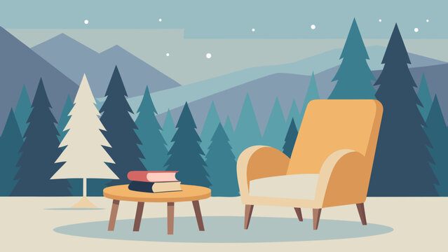 Cozy armchair and coffee table with books in winter mountain forest landscape armchair mountains landscape relaxation interior illustration peaceful lifestyle tranquil atmosphere furniture