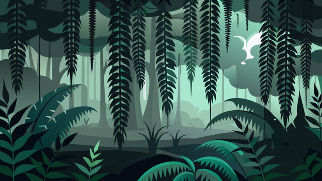 Abstract tropical jungle landscape with hanging vines and exotic ferns rainforest tropical environment wilderness landscape illustration botanical background adventure humidity ecosystem