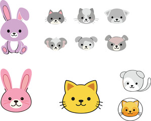 Fototapeta premium Cute pet animal faces and bunny characters collection with cats, dogs, rabbits, and small pet avatars in kawaii cartoon vector style for kids design and stickers