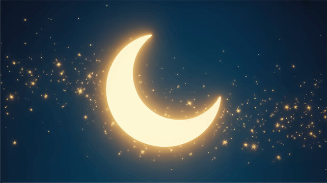 A glowing crescent moon shines brightly in a starry night sky with a luminous whi effect