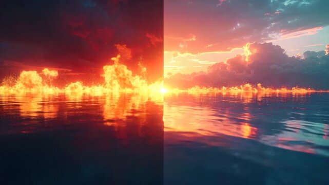 Dreamscape scene depicting fiery water and sunset reflections