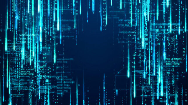 Cyberpunk style digital binary code and programming script falling on dark screen