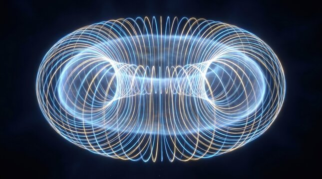 Abstract Plasma Torus: A mesmerizing, glowing torus shape, representing a plasma field or fusion reactor, rendered in vibrant blue and white light against a dark background.