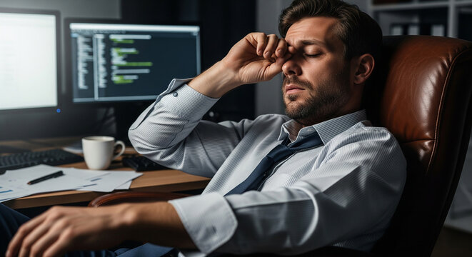 Tired businessman rubbing his eyes at his desk perfect for work exhaustion corporate burnout and late night office stress